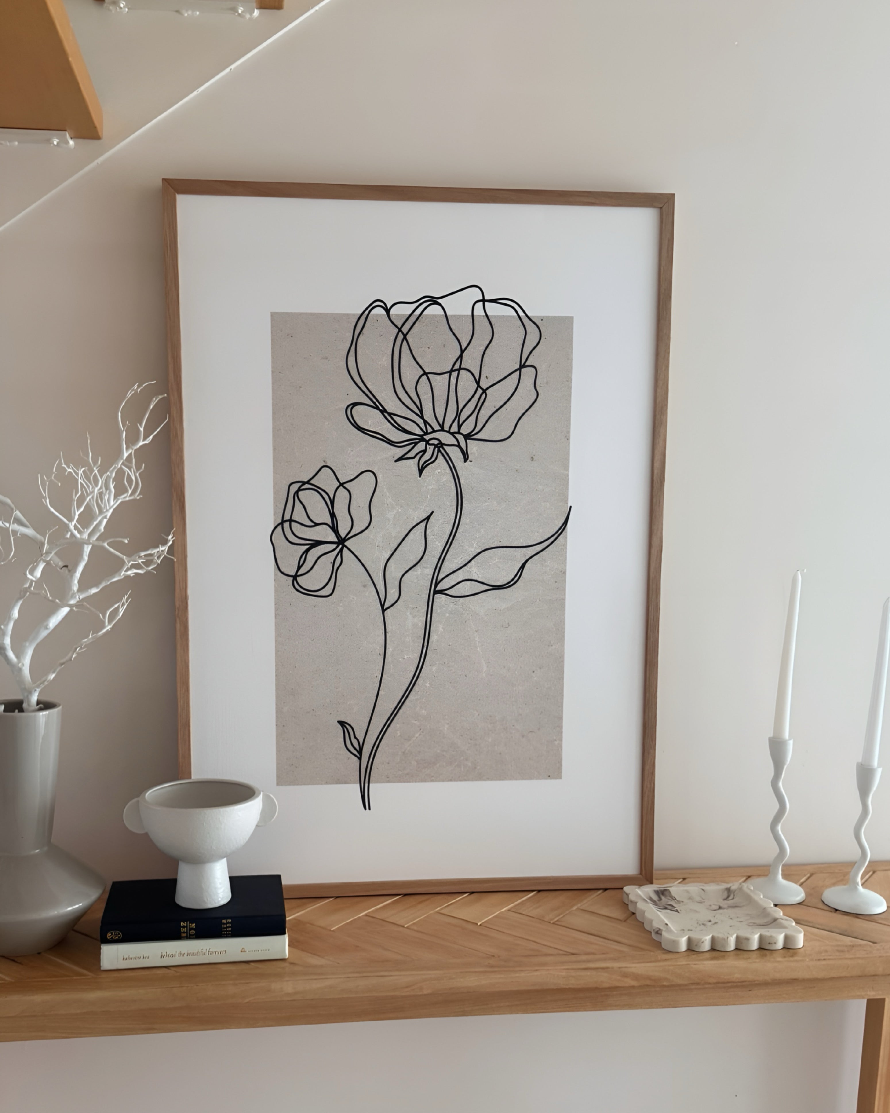 (HIRED) Framed - Botanical Flower Beige & Black - Print A