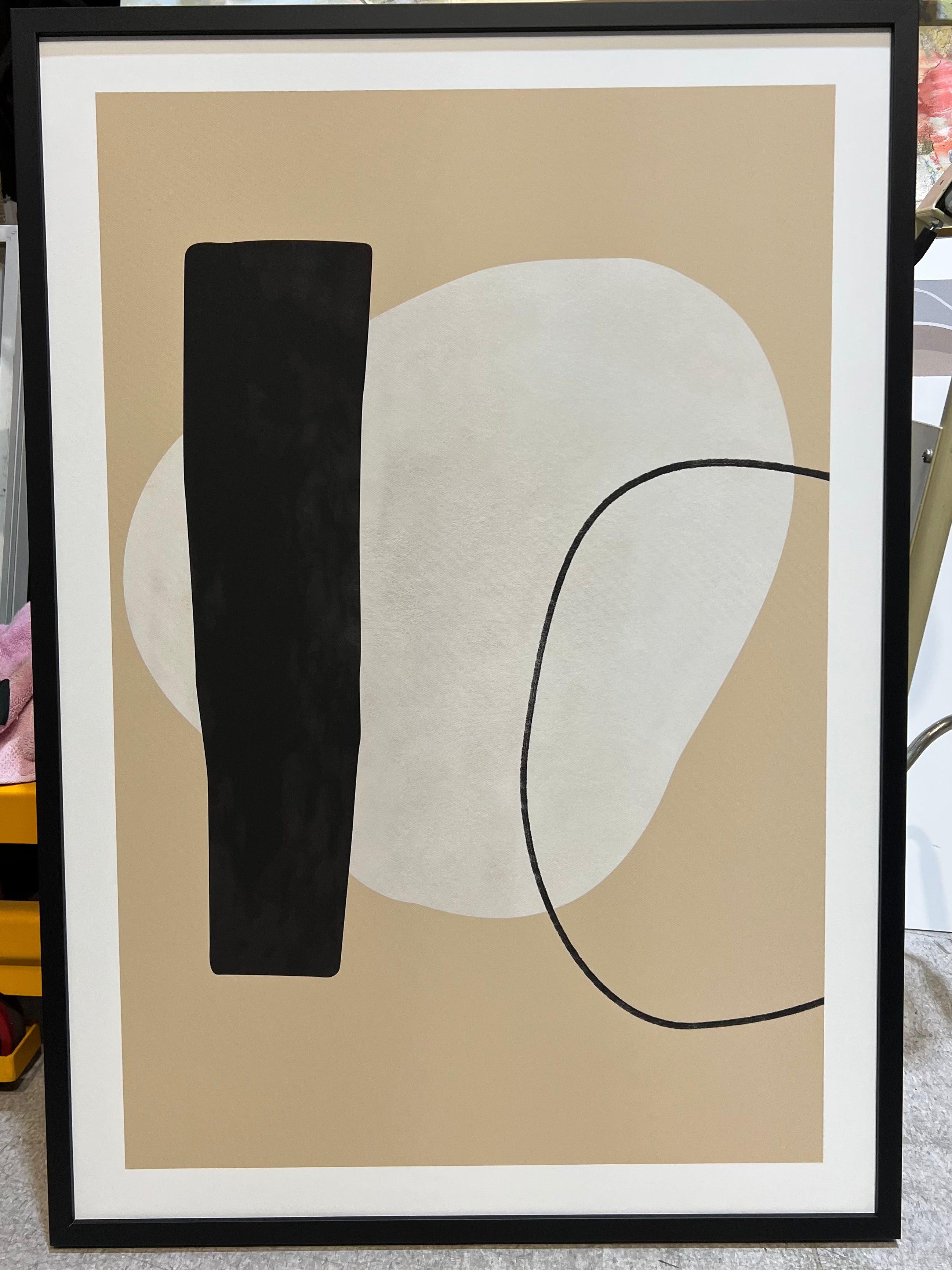 Framed - Abstract Geometric Shapes Beige & Black - Print C
