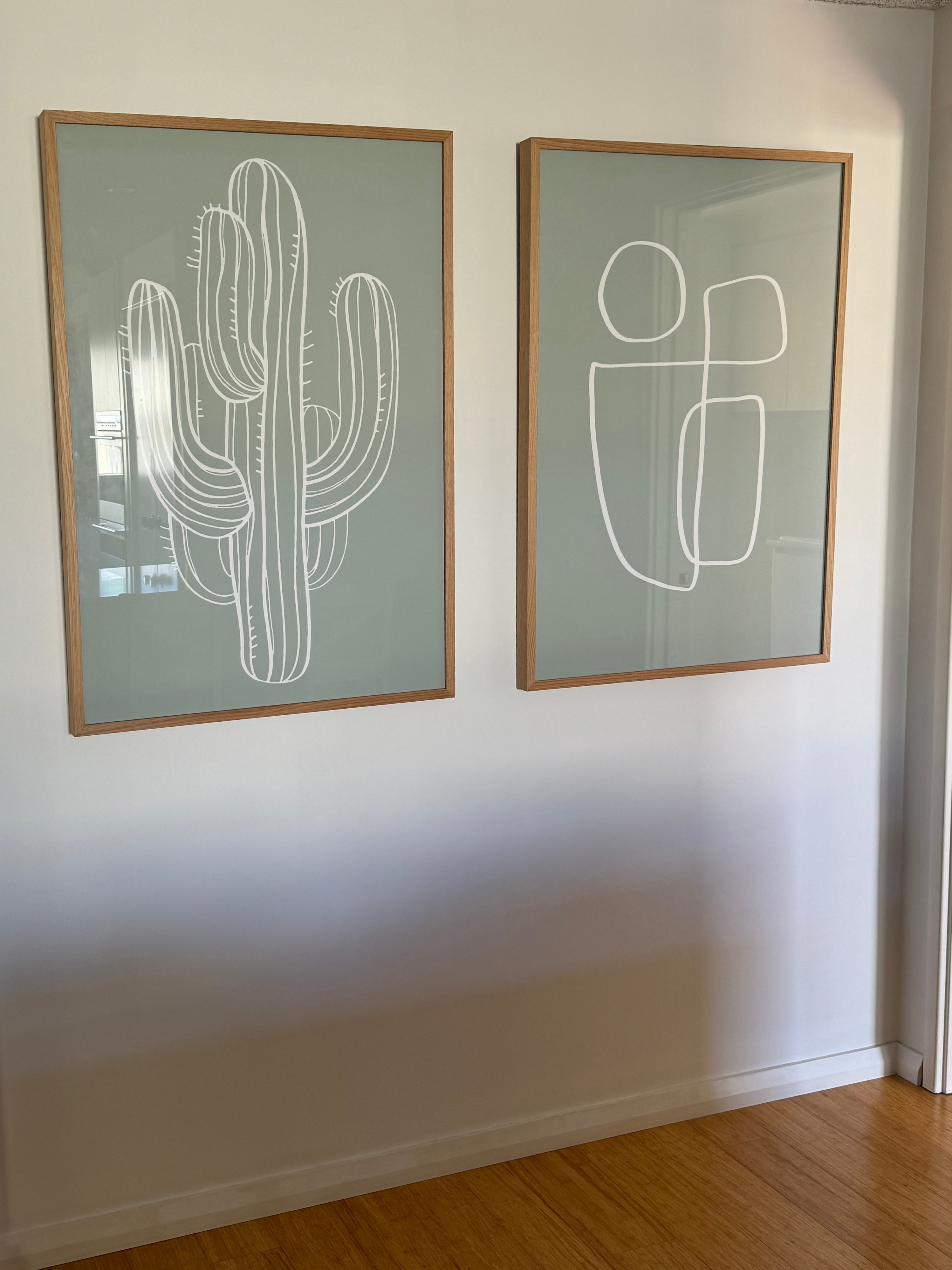 (HOLD) Framed Cactus Drawing - White and Sage