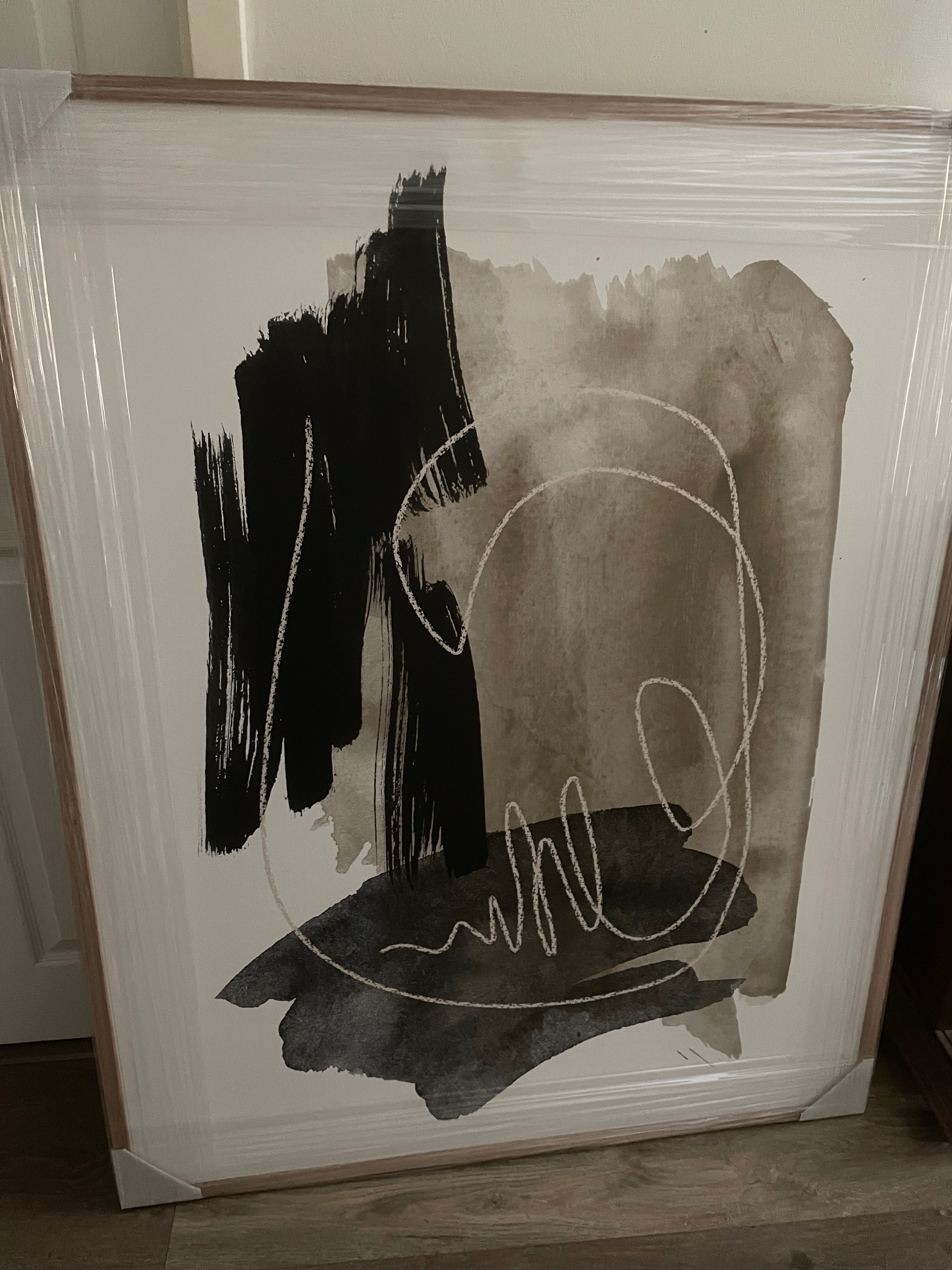 (HIRED) Framed - Abstract Brush Strokes Beige & Black