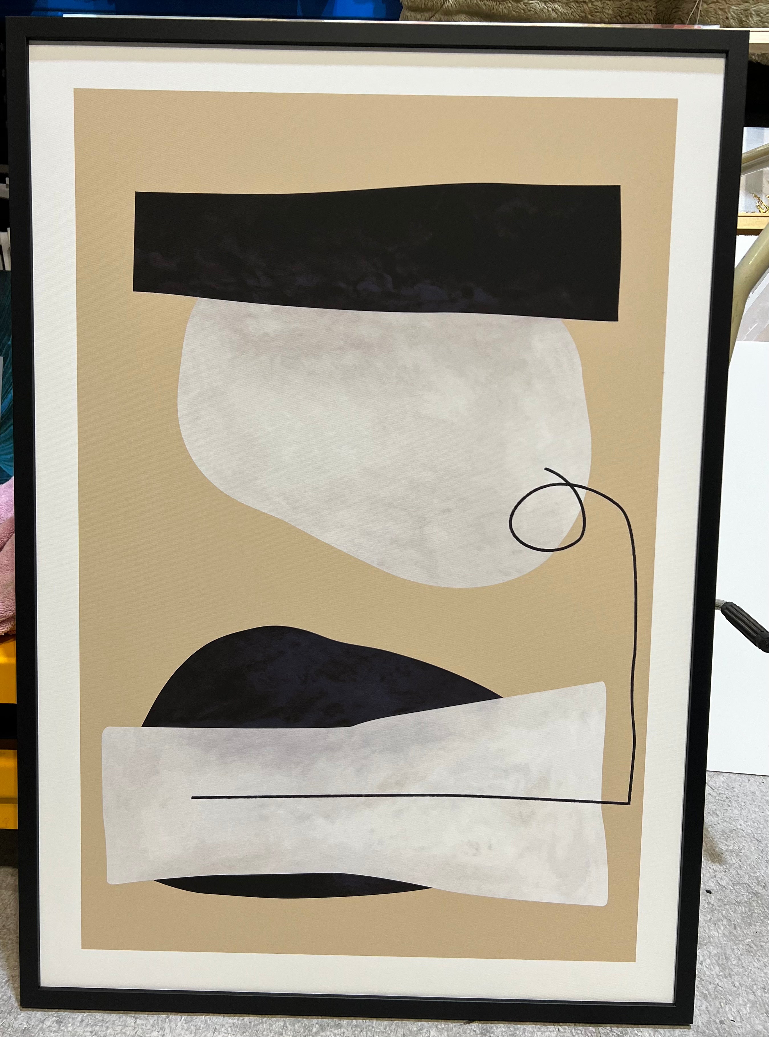 (HIRED) Framed - Abstract Geometric Shapes Beige & Black - Print A