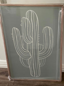 Framed Cactus Drawing - White and Sage