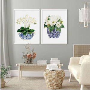 Hamptons Style Blue and White Print Orchids and Magnolias 