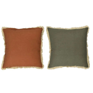 Cotton Reverse Cushion Rusty and Green with Beige fringe