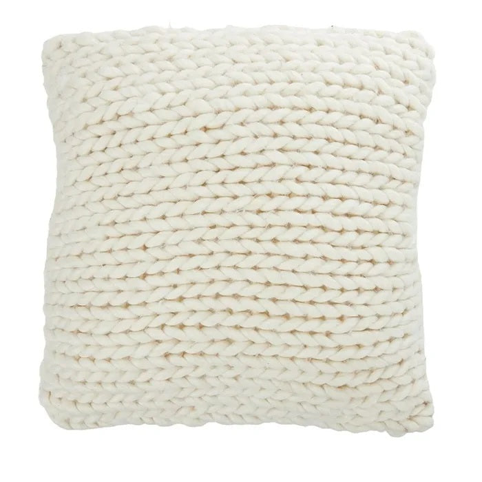 Wool Knitted Cushion White with Pink Stitching on Edge
