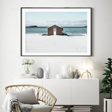 Load image into Gallery viewer, Boat Shed on sand at the beach with blue ocean in background
